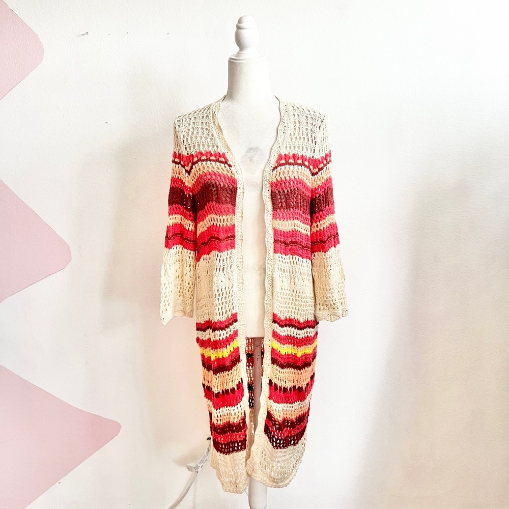 Torrid Striped Crochet Open Front Cardigan Sweater‎ Boho Festival Sz 1 Large